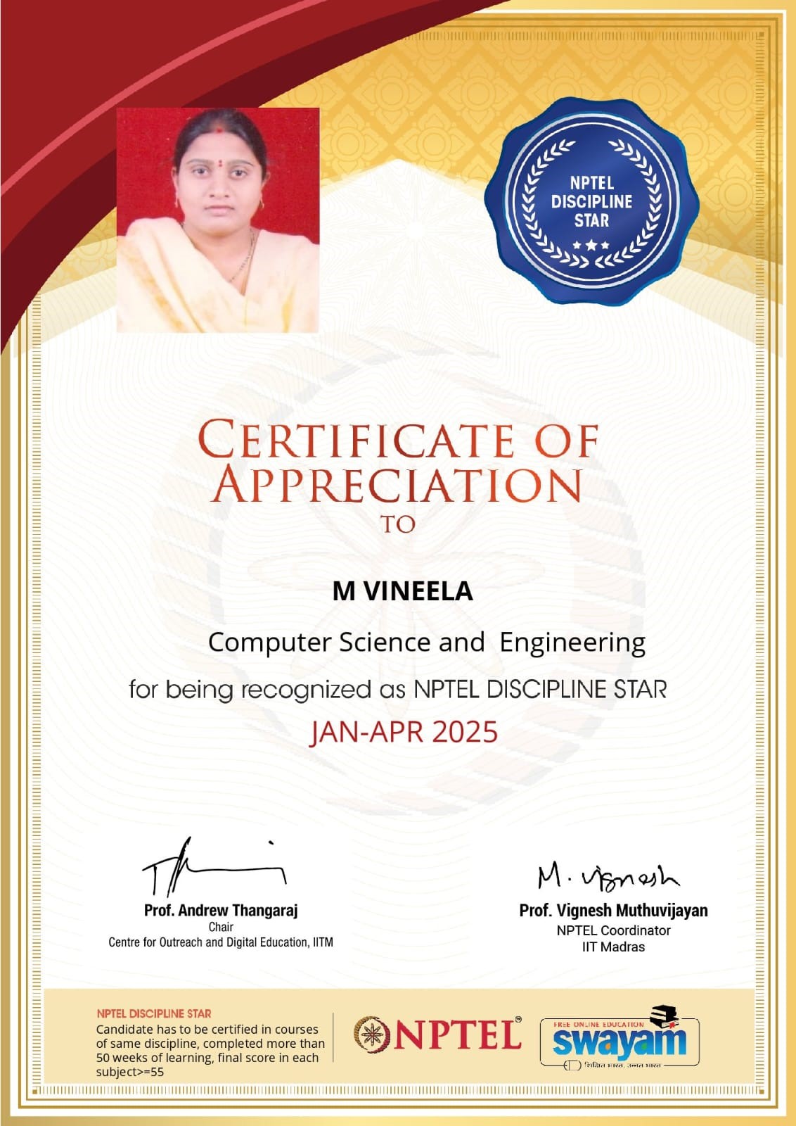 NPTEL Discipline Star Certificate